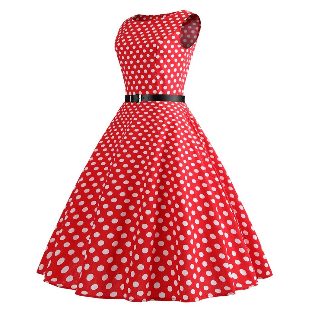 GMXIA Женское платье без рукавов с принтом в горошек, с узким вырезом и черным поясом в стиле винтажной Herben