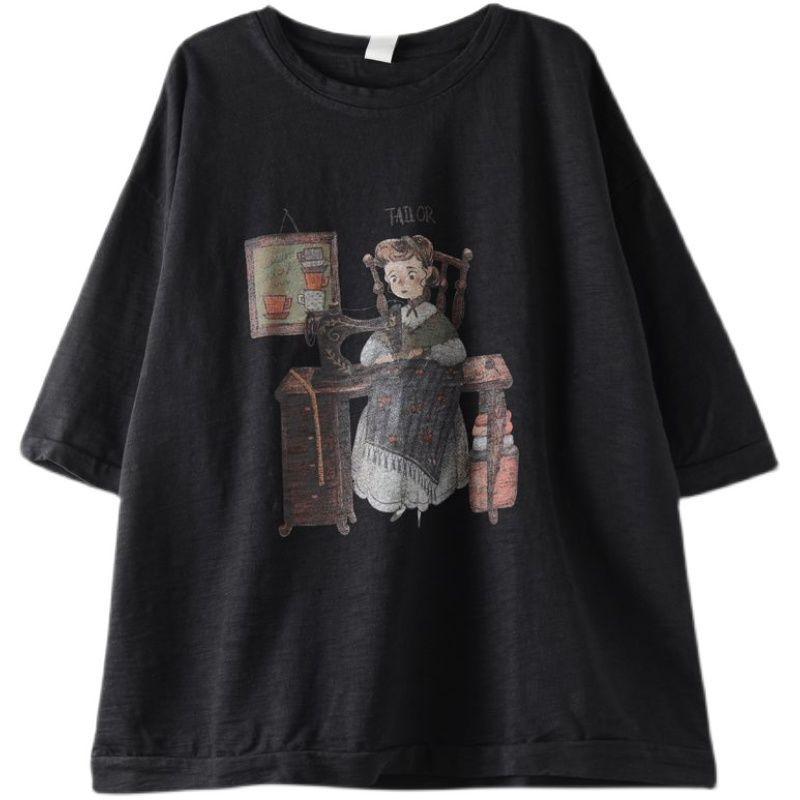 Summer T-shirt Cotton Loose Short-sleeved Retro Large Yards T-shirt Design Sense Niche Literary Print Tops