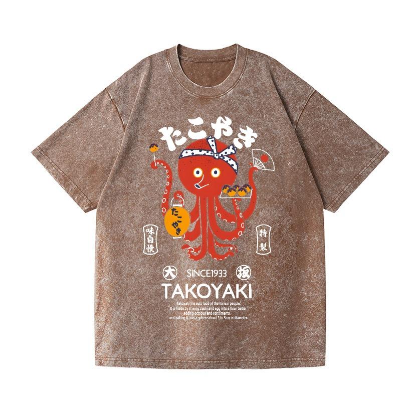 Мужская футболка Takoyaki Винтажная стирка Японский дизайн Смешная с принтом Октября Короткий рукав Круглый вырез Летняя Тяжелая футболка