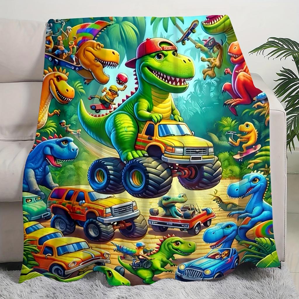 1pc Dinosaur Off - Road Camping Blanket, Multi - Season Universal for Bedroom Living Room Camping, Flannel 2D Flat Decor