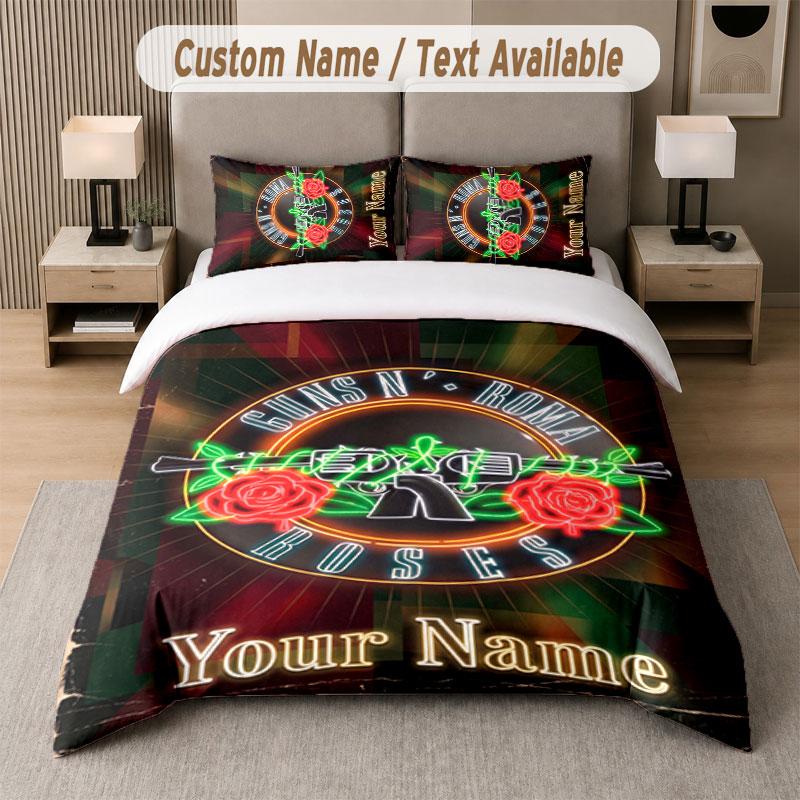 Custom Bedding Set Guns N’ Roses Pattern, Print Name Text 1 Duvet Cover plus 2 Pillowcases Home Textile