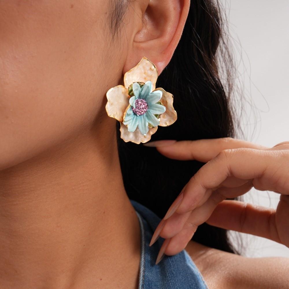 Iron Cloth Colorful Flower Earrings Korean Style Floral Ear Studs Exaggerated Ear Pendant Daily