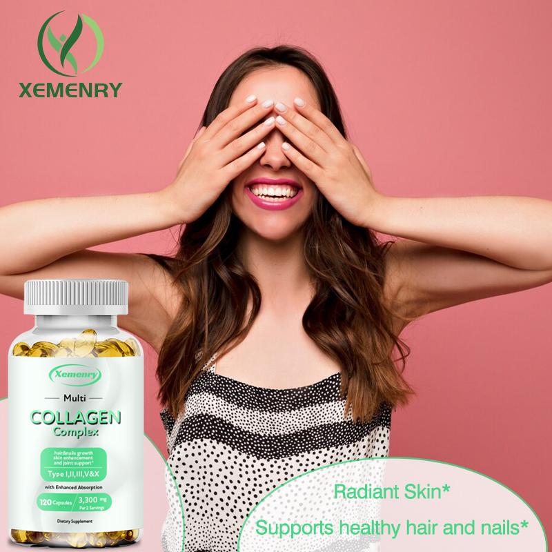 Unisex complex collagen capsules, supporting skin health, hair and nail growth, and joint health. Non-GMO, 120 capsules.