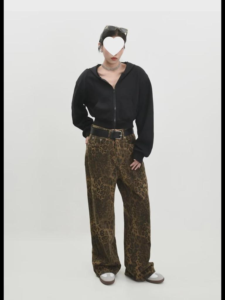 2023 Новые американские джинсы прямого покроя с леопардовым принтом в стиле ретро для мужчин и женщин - модные повседневные брюки осень/зима