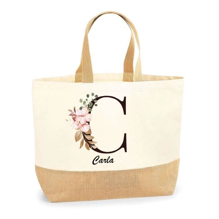 Cabas de plage - PLANETEE - Carla - Motif Lettre Fleur - Jute naturel - Fabriqué en France