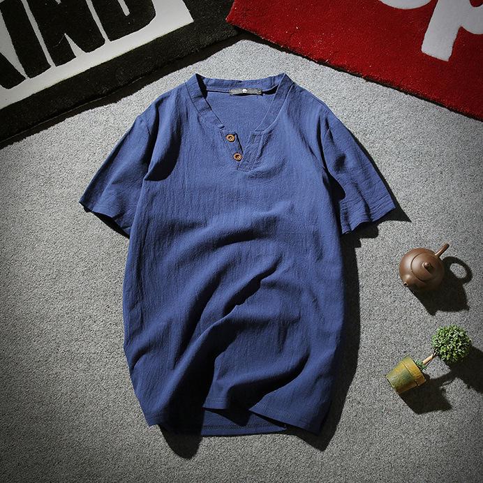 Мужская летняя 2022 года хлопково-льняная футболка с коротким рукавом на двух пуговицах - мягкая и дышащая
