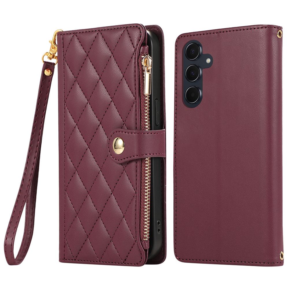 For Samsung Galaxy A56 5G Case Multi Card Slots Zipper Rhombus Leather Phone Cover with Wrist Strap