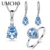 Jewelry Set Blue Topaz Ring Earrings Pendant 925 Sterling Silver Ladies Jewelry Set