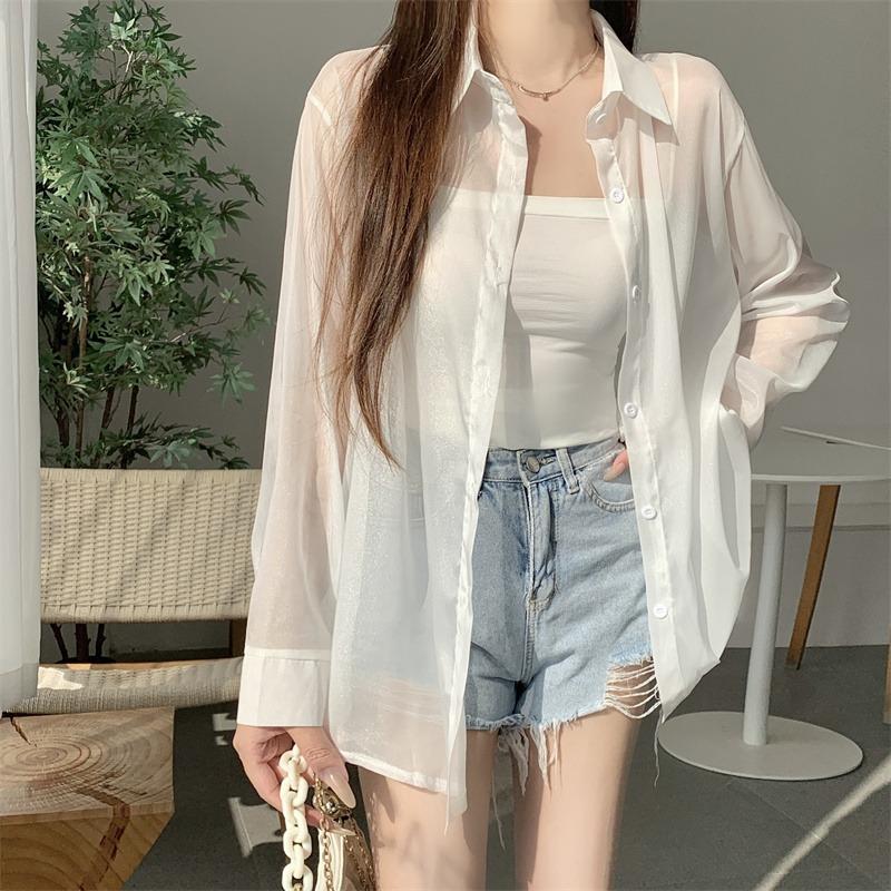 Back Split Lace-up Casual Loose Shirts Women Fashion New See Through Long Sleeve Women's Blouses Thin Breathable Sun Protection Office Lady Tops 26108