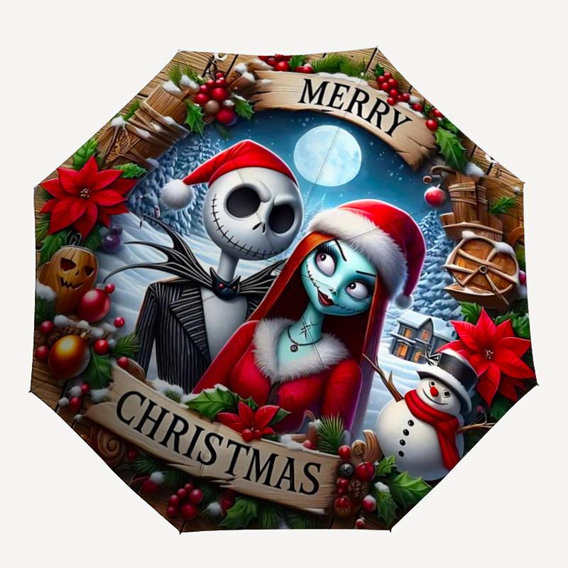 1pc Merry Christmas Jack Skellington & Sally Holiday Wreath with Automatic Opening Umbrella, Portable Tri-Fold Design, 8-Bone Iron Frame Out