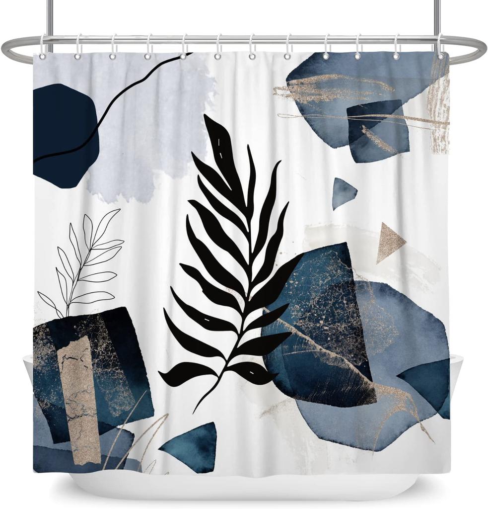 Занавеска для душа в стиле бохо, темно-синяя, черная, современная, с геометрическими листьями, занавеска для ванны с крючками, минималистичная эстетичная занавеска для душа с растениями для ванной комнаты
