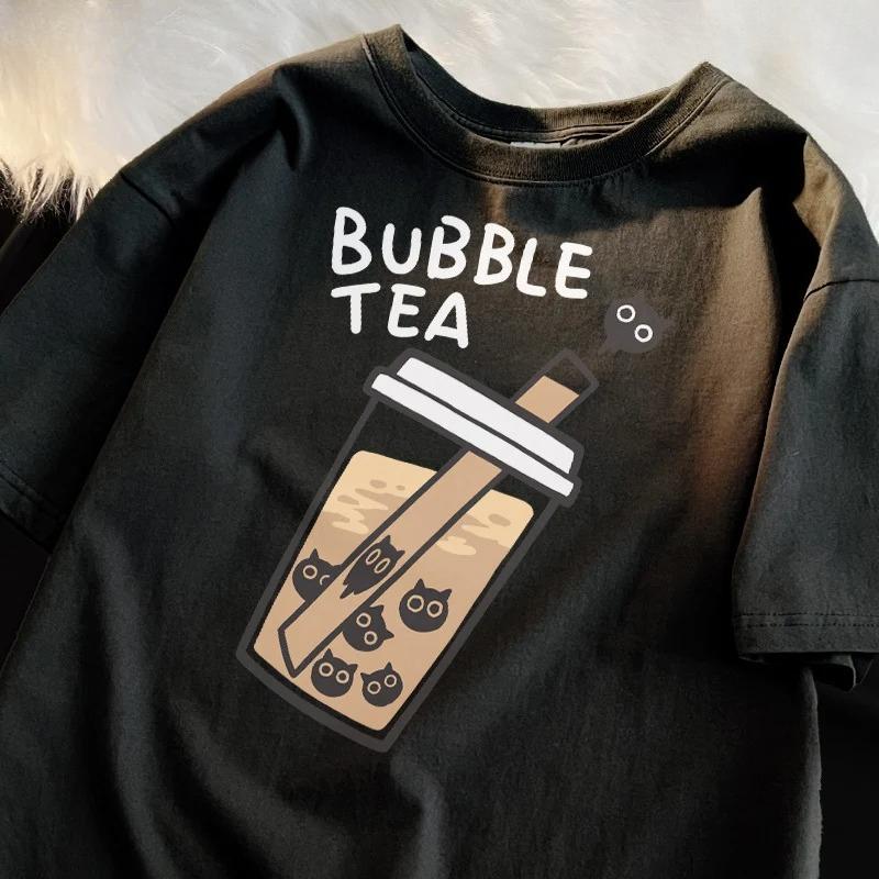 Cartoon Milk Tea And Cat Bead Pattern Tshirt Loose Casual Refreshing Shortsleeved Comfortable And Relaxed Tshirt