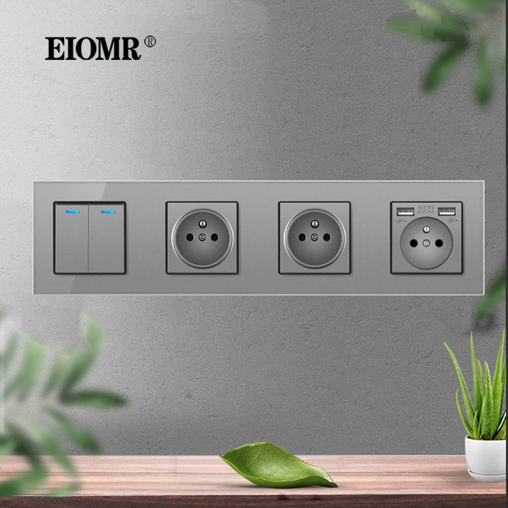EIOMR Французский Стандартный Настенный Выключатель Розетка Серая Хрустальная Стеклянная Панель с USB 16A 220V Розетка с Заземлением Защита от Детей Дверца