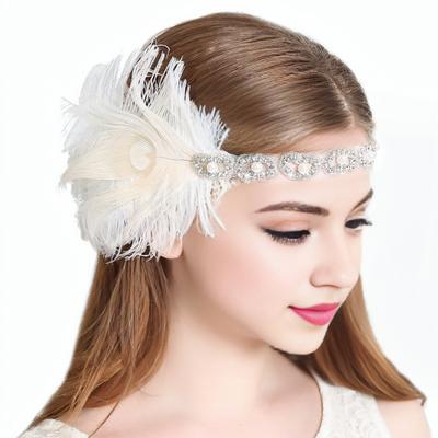 Повязка на голову с черными стразами, повязка для волос 1920-х годов, винтажный головной убор для вечеринки в стиле Гэтсби, женская повязка на голову с перьями для выпускного вечера