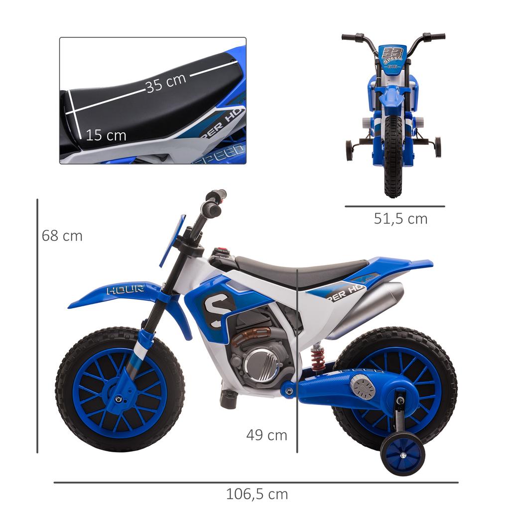 Kids Motorcycle, Electric Motorcycle, 45 Min Ride Time, with Training Wheels, from 3 Years, Blue+White, 106.5 x 51.5 x 68cm