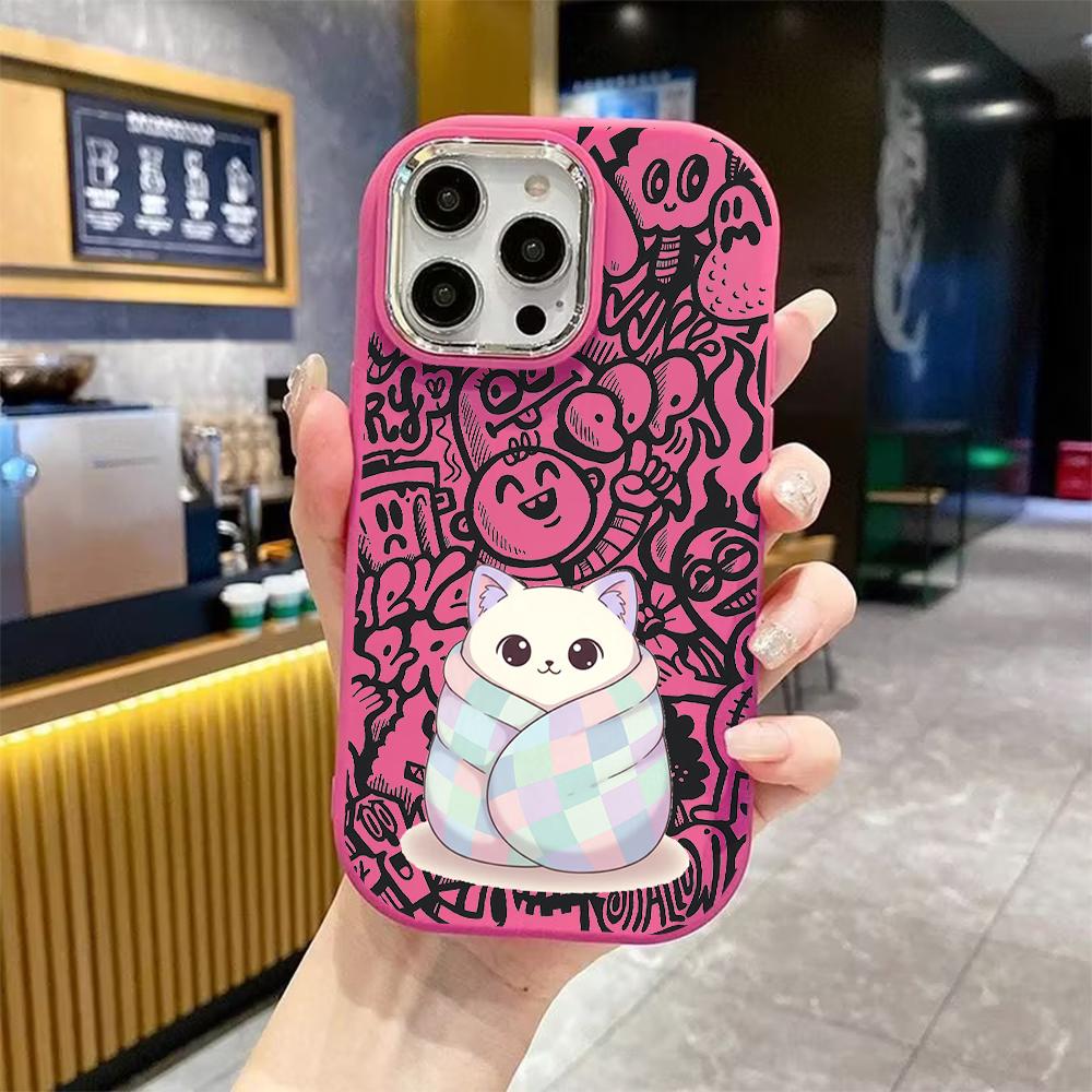 Phone case: 2D flat design suitable for iPhone 18 17 16 15 14 13 Pro protective case, couple style, milky white kitten, Christmas and Halloween gift
