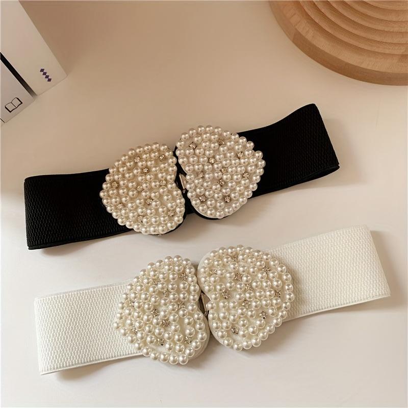 Fashionable And Elegant Artificial Pearl Heart-Shaped Buckle Elastic Wide Belt Suitable For Dresses Simple And Versatile Suitable