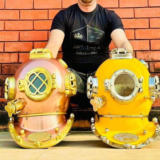 Royal Handicraft Set of 2 Nautical Scuba Diving Helmets, Including a Mark V Diving Helmet from the US Navy and a Deep Diving Helmet.