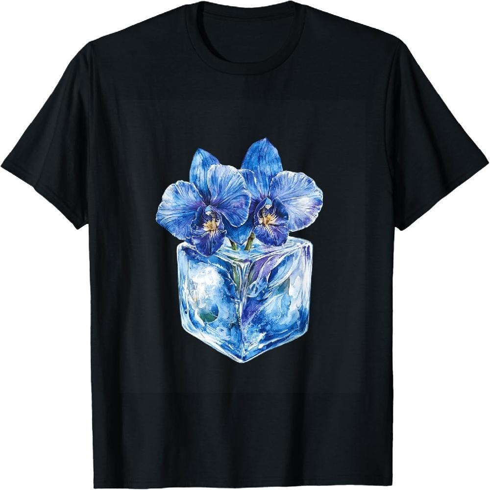 Blue Watercolor Flowers In Ice Cube T-Shirt