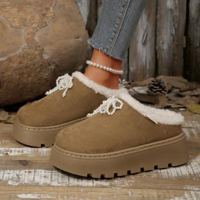 Женские зимние плюшевые шлепанцы на массивной платформе, на танкетке, с мехом, для улицы, 2025, с толстой подошвой, милые шлепанцы-мюли с жемчужным бантиком