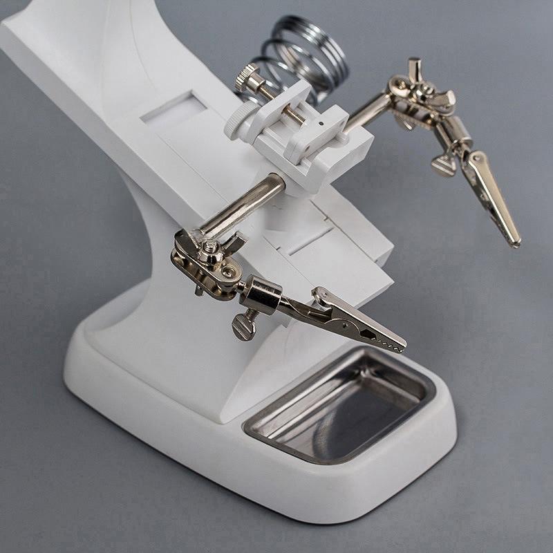 3 ручных паяльника, подставка, сварочный инструмент с увеличительным стеклом, светодиодной подсветкой, зажим типа «крокодил», зажим, помогает в ремонте