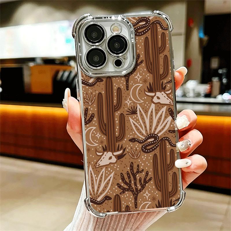 Cactus Pattern Plating Phone Case For Iphone 16 17 Pro Max Air 16E 14 15 Plus 12 13 Mini Anti-Fall Airabag Cover
