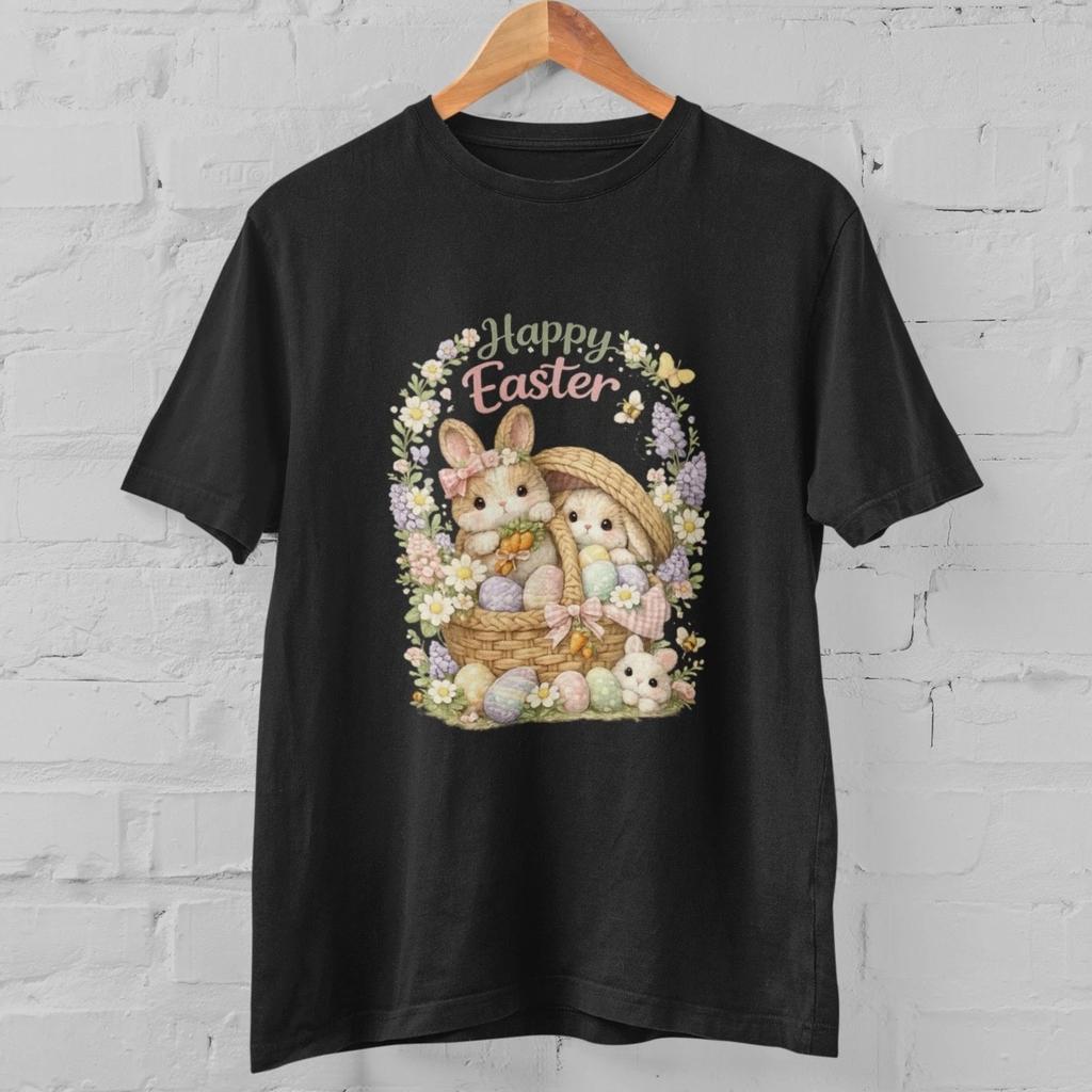 Happy Easter Bunny Shirt Vintage Floral Cute Spring Graphic Tee S-5XL Cotton