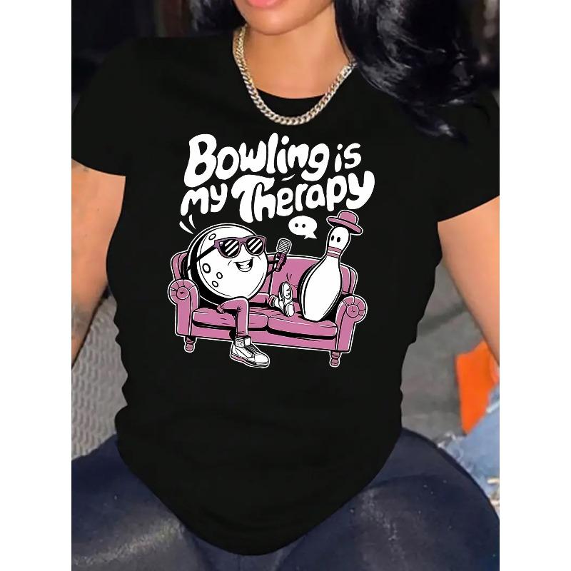 Women'S Casual Sports T-Shirt with a Round Neck, Short Sleeves, Featuring a Bowling-Themed Letter Print, Perfect for a Comfortable Summer Holiday Top