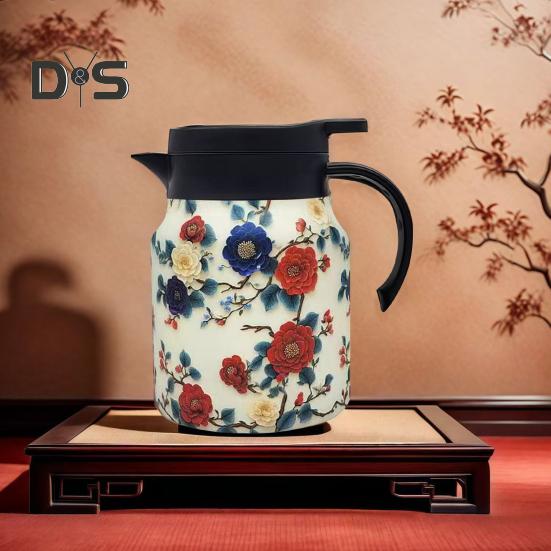 Винтажный заварочный чайник с цветочным узором и встроенным фильтром, V-образным носиком, заварочный чайник для воды под давлением, 1000 мл, изолированный заварочный чайник из нержавеющей стали для