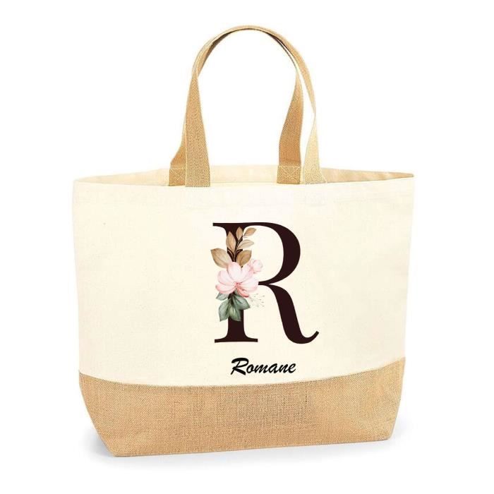 Tote bag en jute - PLANETEE - Romane Lettre Fleur - Multicolore - Jute naturel - Poignées solides