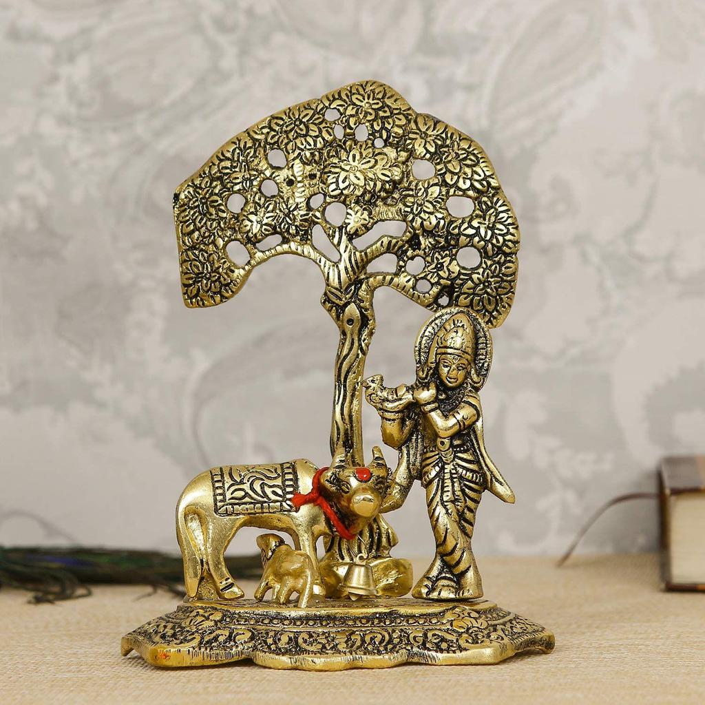 Lord Krishna Playing Flute Under Tree with Golden Cow and Calf Showpiece