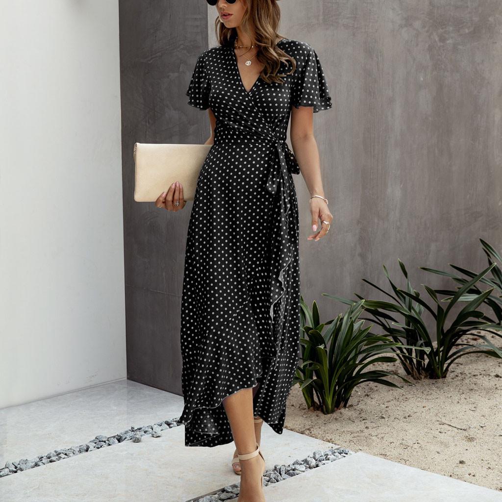 Bohemian Dot Polka Womens Chiffon Wrap V Neck Short Sleeve Split Maxi Dress