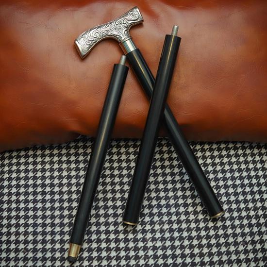 93.98 Cm Engraved Silver Handle Walking Cane Black Wooden Support Stick Handmade Elegant Walking Aid Formal Gentlemen’s Cane