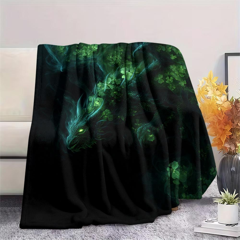 Green Dragons Print Flannel Blanket, High quality Comfortable for All Seasons, Home Decor, Warmth and Comfort