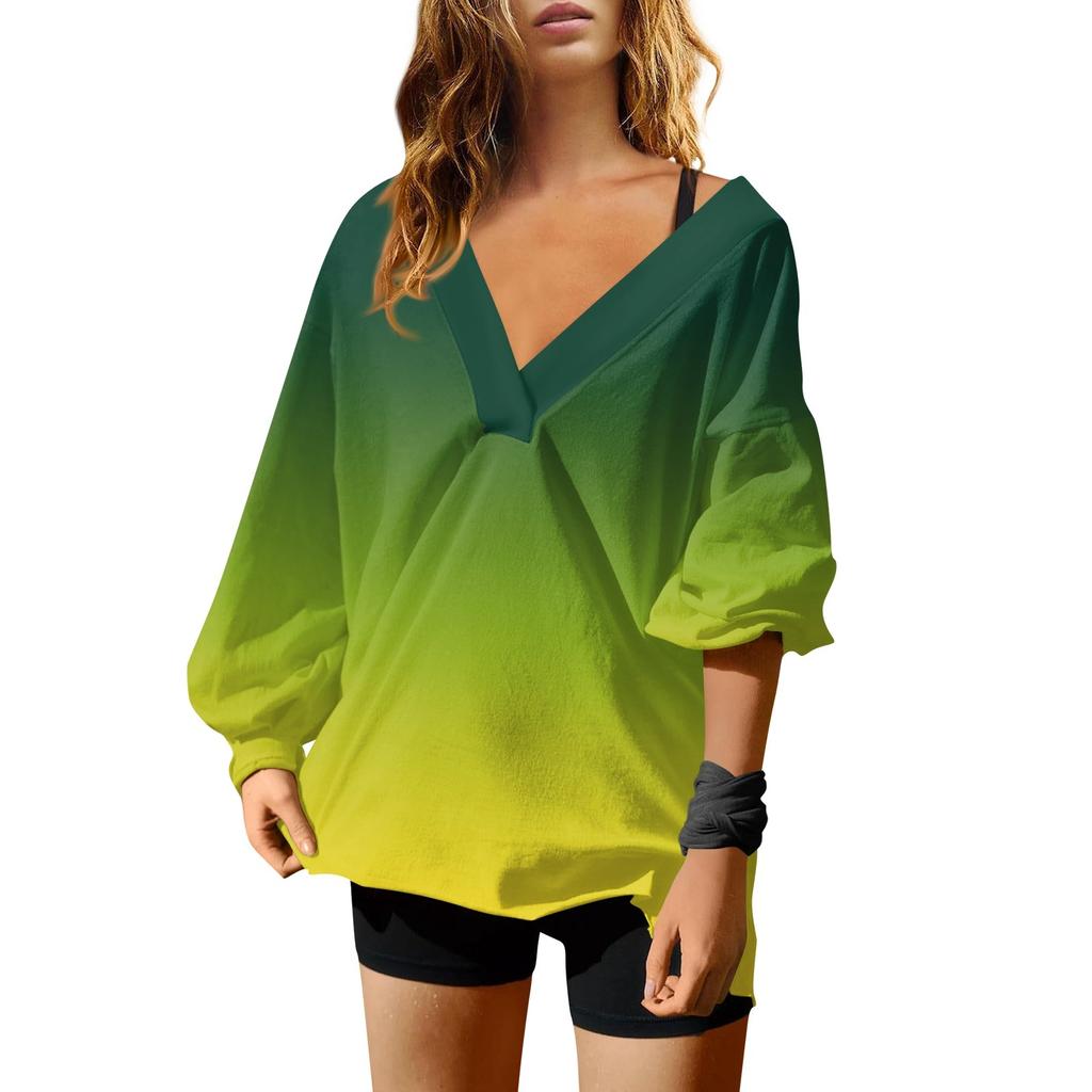Женская мода градиентный цвет V-образный вырез длинный рукав свободный пуловер свитшот топ