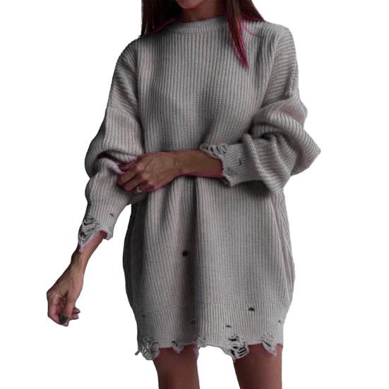 Женский свитер Трехмерный крой Свободная посадка Мягкий вязаный свитер Круглый вырез Длинный рукав Рваные дыры Средней длины Топы