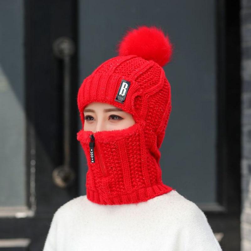 Women Wool Knitted Hat Ski Hat Sets Windproof Winter Outdoor Knit Thick Siamese Scarf Collar Warm Keep Face Warmer Pompoms Cap