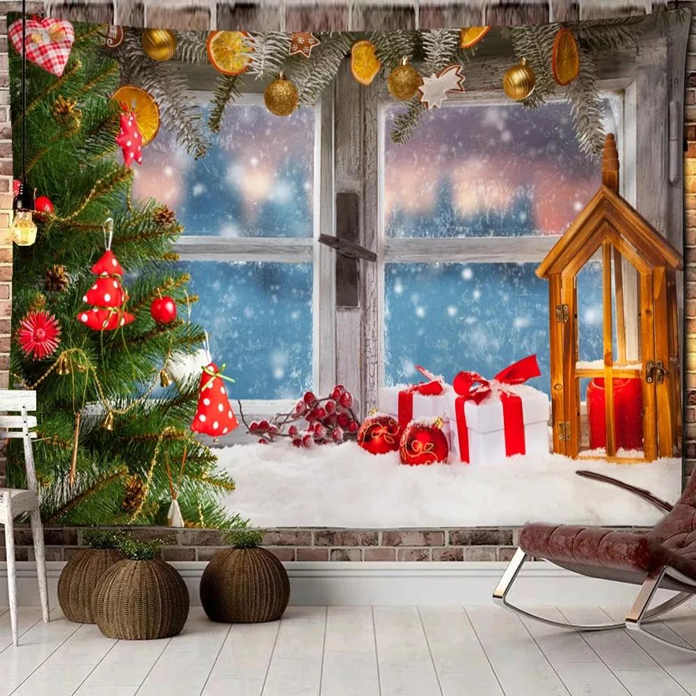 Рождественский оконный пейзаж Гобелен Спальня Гостиная Домашнее украшение на стену