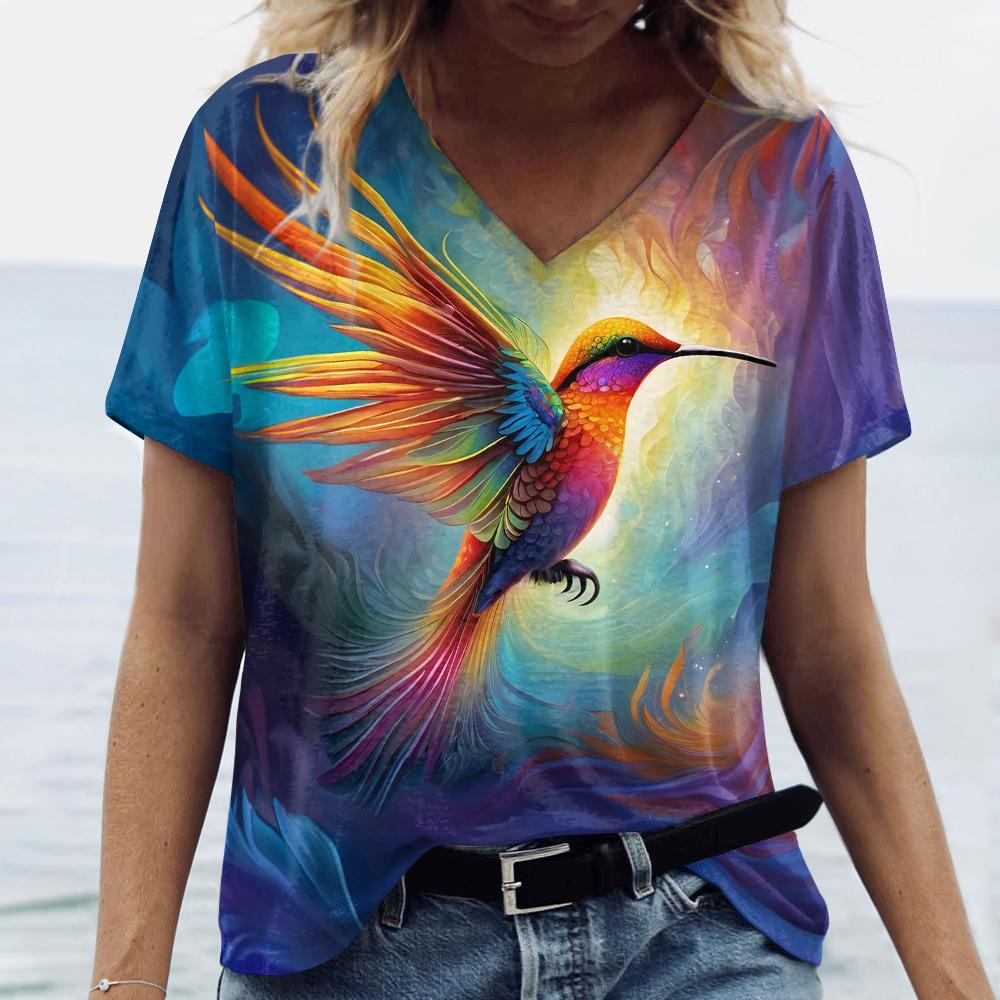 Женская летняя футболка с коротким рукавом, свободная одежда больших размеров, топы с v-образным вырезом, топы с принтом животных и птиц, женские повседневные футболки, одежда 2024