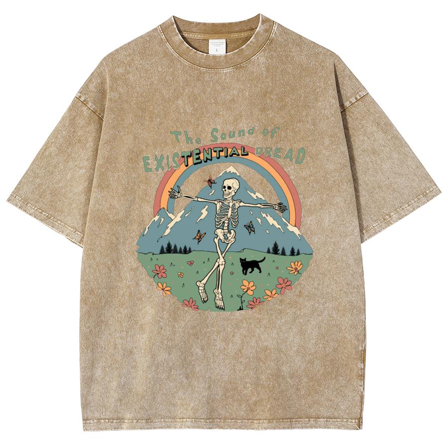 Skull Landscape Print Washed T-Shirt Large Couple Loose Wash Short Sleeve Medium Sleeve Crew Neck Dropped Shoulder