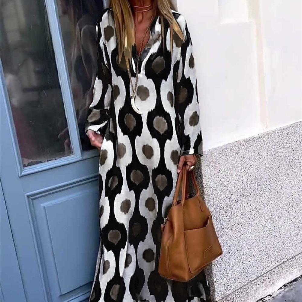 Женское свободное длинное платье с длинным рукавом и V-образным вырезом больших размеров с принтом