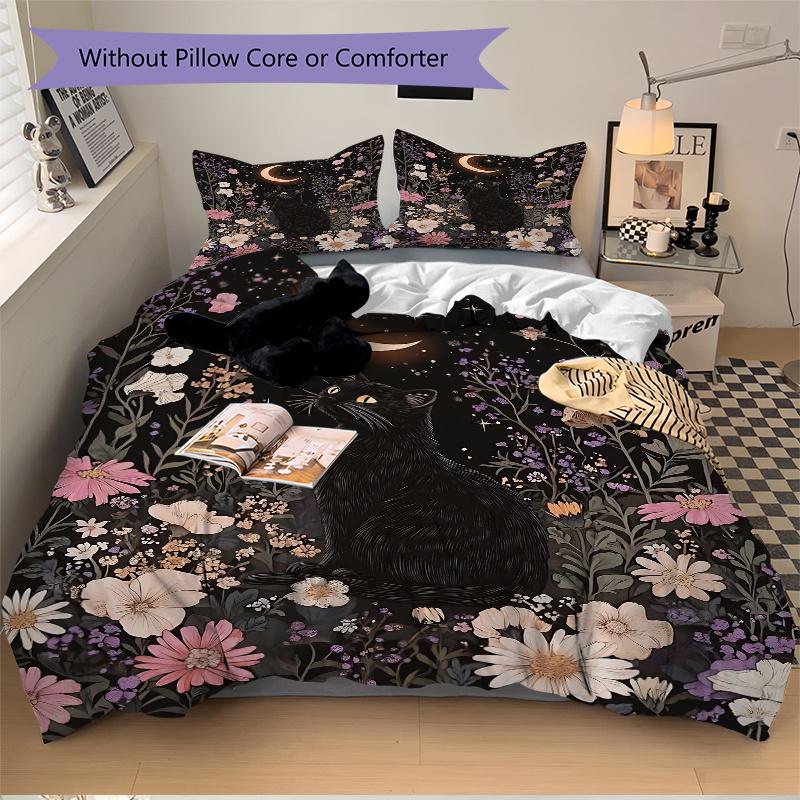 3pcs Creative Black Cat Flowers Starry Sky Pattern Bedding Three-Piece Set (No Fillings), Soft and Comfortable M038