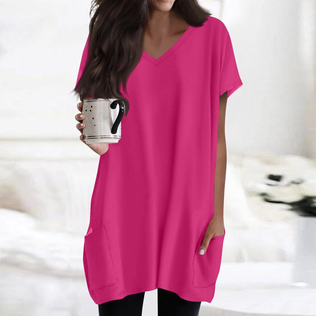 Womens Tops V-neck Short Sleeve Blouses Casual Mid-length Shirts Fashion Print Tunic Tops With Pockets