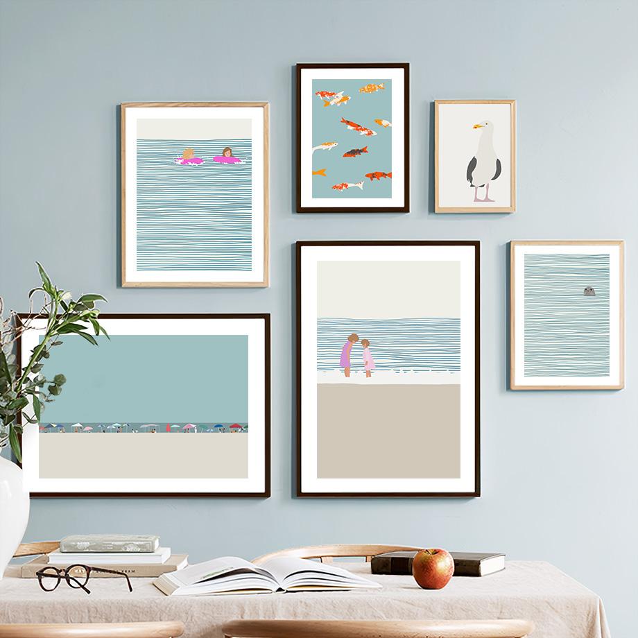 Девочка Тюлень Золотая рыбка Чайка Плакаты Печать Скандинавская Картина на холсте Мультфильм Современное настенное искусство Картины Детская комната Домашний декор