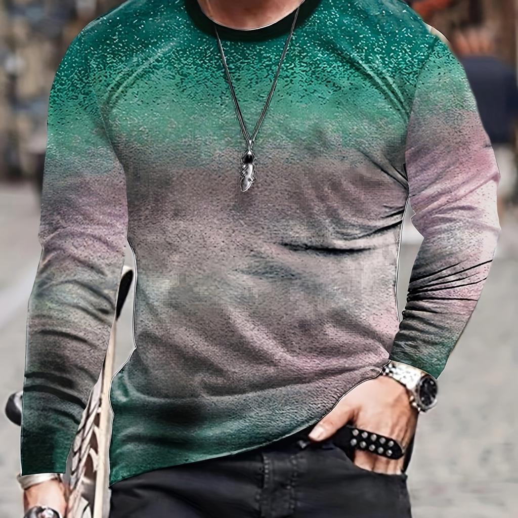 Men's 3D Printed Gradient Long Sleeve T-shirt Spring And Autumn Fashion Casual Retro Style Oversized Round Neck Tees Tops