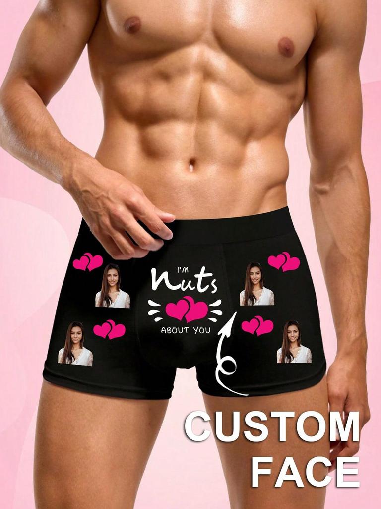 Мужские трусы-боксеры с индивидуальным фото и розовым рисунком в виде сердца, эластичное, мягкое, удобное персонализированное нижнее белье, идеальный подарок для парня/мужа