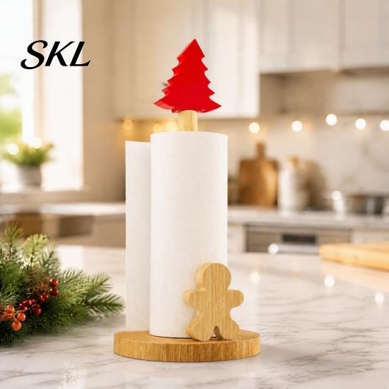 Handmade Wooden Holiday Gift Christmas Paper Towel Holder, Snowman And Tree Design, Rustic Decor for Dining Table Decorative Roll Holder Kitchen
