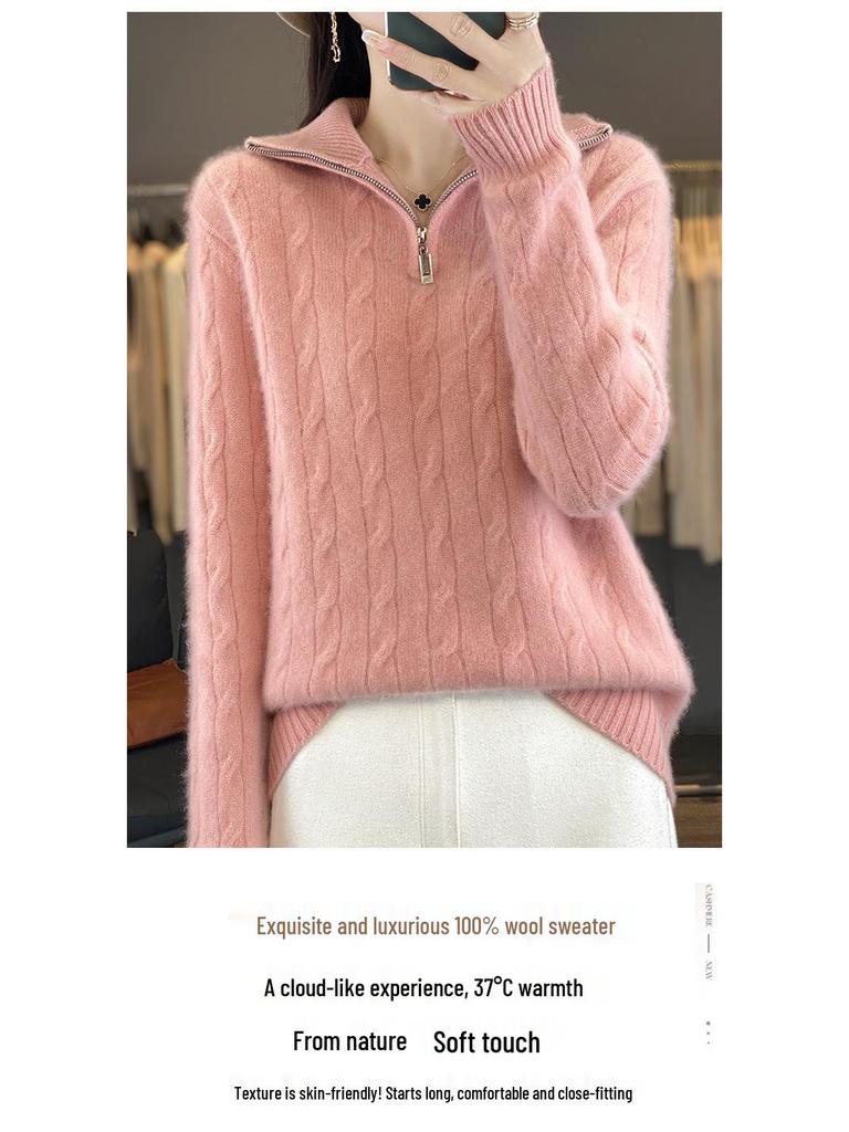 Женский облегающий пуловер из чистой шерсти с высоким воротом, крупной вязки «косы», кашемировый на молнии до середины груди