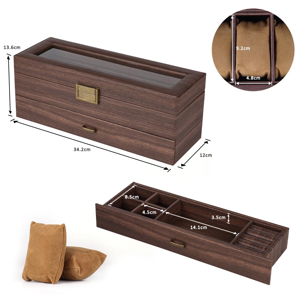 Baskiss PU Made Роскошный 2-слойный футляр для часов Коробка для хранения часов Стеклянная пластина Роскошный футляр для коллекции часов Коричневая шкатулка для ювелирных изделий Коробка для хранения часов