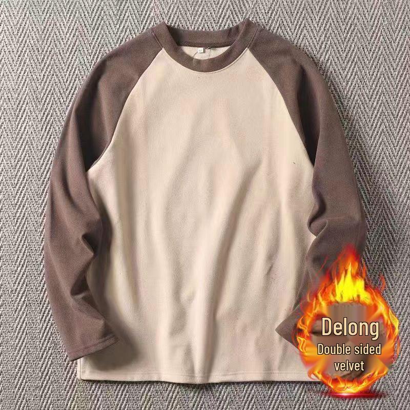 Мужская приталенная рубашка из немецкого бархата с рукавами реглан - Круглый вырез, Теплая осенне-зимняя, Контрастные цвета, Модный бренд.